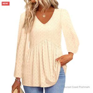 Long Sleeve V-Neck Babydoll Peplum Top Loose Fit Tunic Blouse